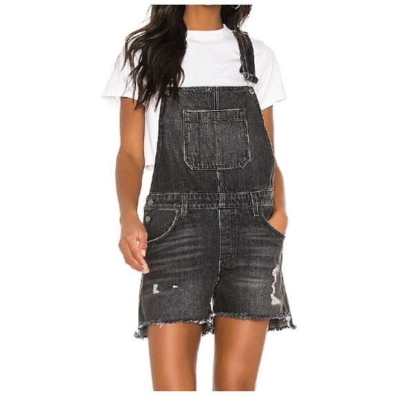 NWOT Hudson Sloan Distressed Faded Black Short Overalls Size XS - Picture 1 of 11